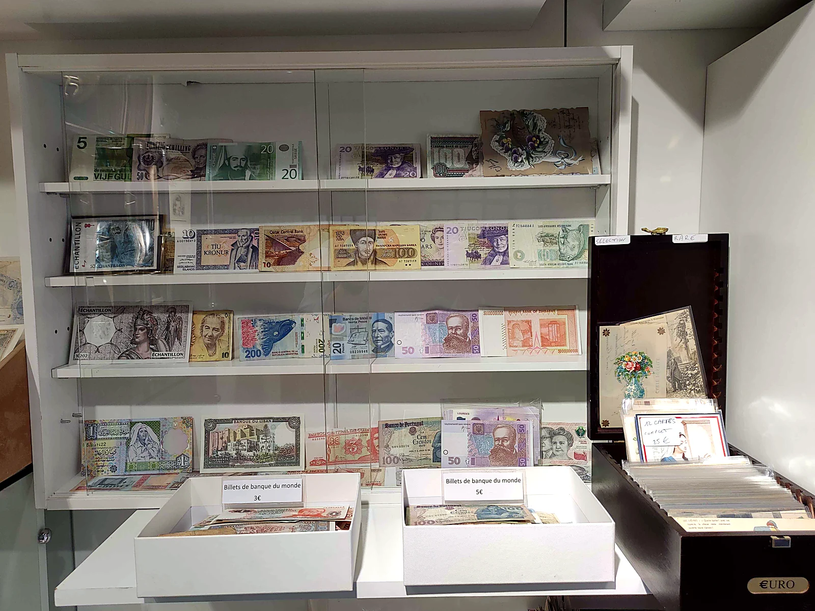 Vitrine murale de billets de banque du monde entier et bacs de billets à 3 € et 5 €